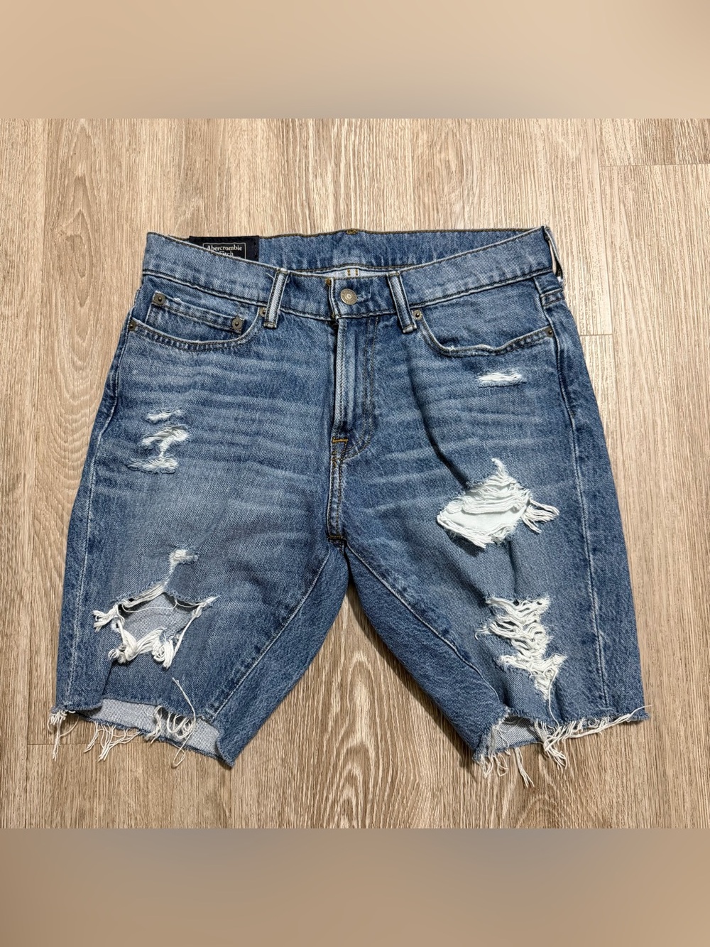Abercrombie & Fitch Men’s Denim Shorts 28W Blue Distressed Ripped Cutoff Stretch